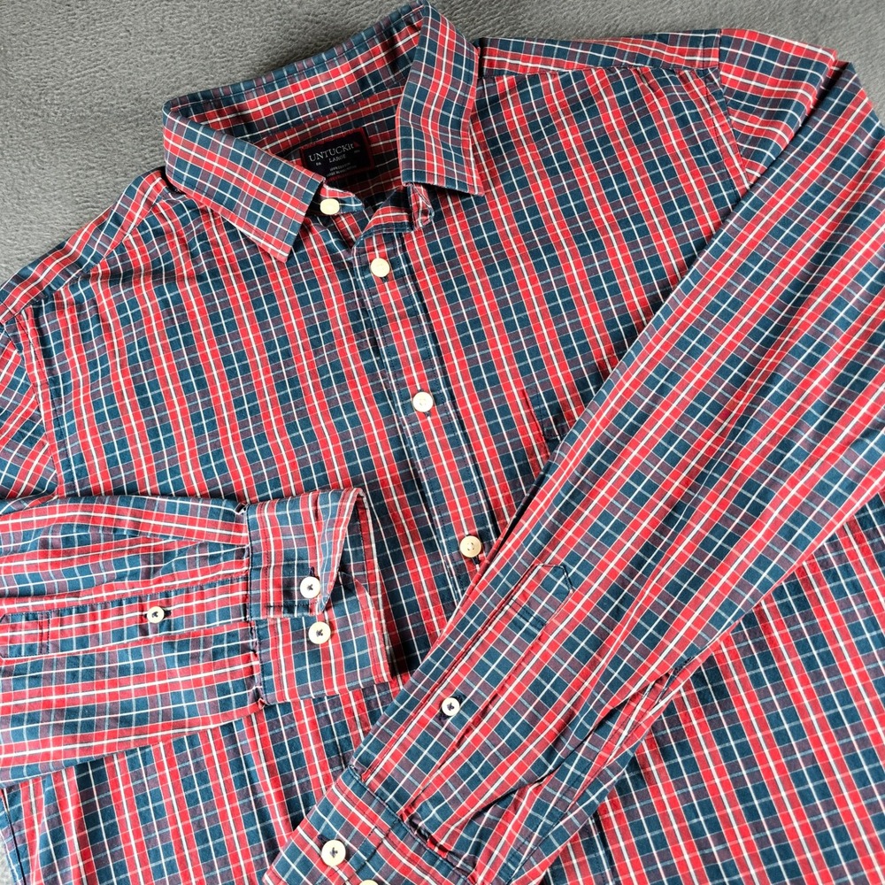 UNTUCKit Mens Shepp Plaid Button Down Shirt Red Navy Blue Large Regular Fit